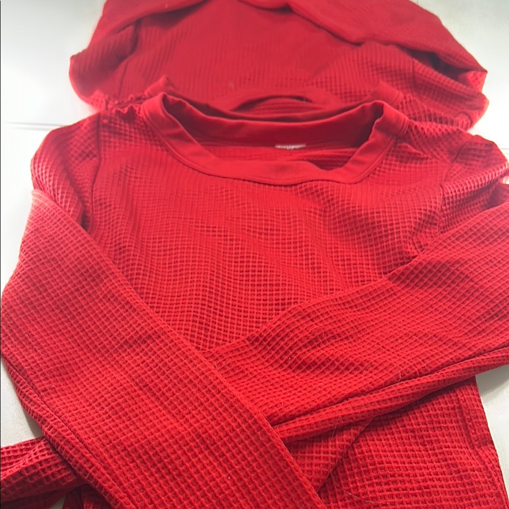 Red Long Sleeve Waffle Knit Top